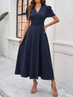 Primavera Verano elegante cintura con cuello en V Color sólido vestido de manga corta moda mujer - details 13