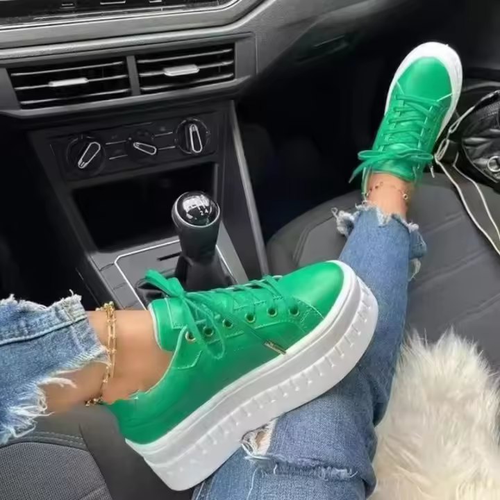 Plataforma de cuero para mujer, zapatillas de deporte de tacón grueso de color sólido, zapatos deportivos cómodos de moda planos casuales, zapatos de diseñador - 1