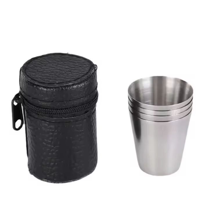 Villa para acampar al aire libre, juego de tazas VIE, suministros para picnic, copas de vino y cerveza de acero inoxidable, cuero PU, 30/70 ml, 4 piezas. - 1