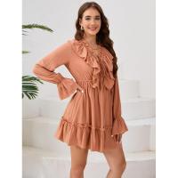 Vestido elegante de manga larga con cuello en V para mujer, vestido corto con volantes, color sólido, informal, nuevo en promoción - details 2