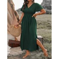 Vestido largo de verano 2024 de color sólido con cuello en V, manga acampanada, cintura elástica, adelgazante y con abertura. - details 30