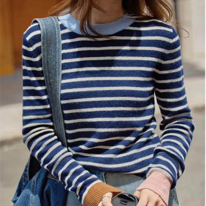 Nuevo Suéter de mujer de retales redondo ne a la moda suelto a rayas multifuncional st casual largo - 1