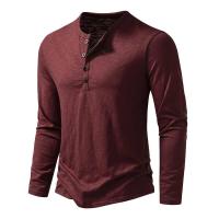 Camisa de cuello Henley de algodón para hombre, camisetas de moda de color sólido con botones informales de manga larga - details 8