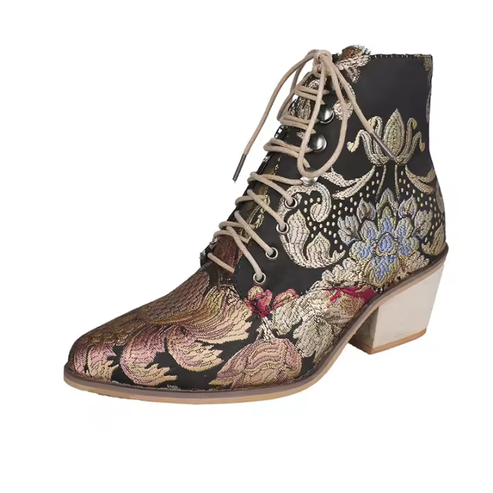Botas Martin bordadas de tacón alto puntiagudo de tacón grueso europeo y americano para mujer botas cortas bordadas para mujer - 1