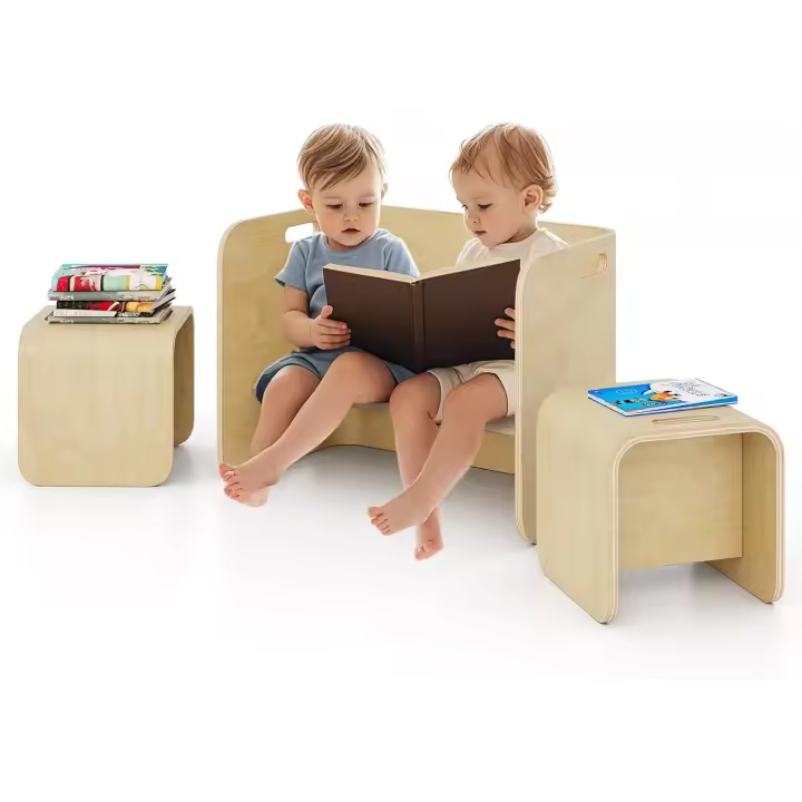 Conjunto de Mesa y Silla para Niños de Madera Natural 4 en 1 para Lectura, Artesanías, Snacks, Juego Ensamblaje Completo, 300-400mm - 1
