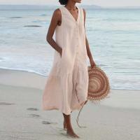 Verano suelto Casual Patchwork algodón en Pocktes cuello en V estilo de playa sin mangas Vintage Club Midi vestido de mujer sólido - details 0