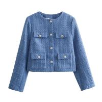 Chaqueta de Tweed con Punto de Volteo Primaveral Abrigo Corto de Cuello Redondo de Una Sola Brecha para Damas Top de Moda - details 1