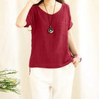 Camiseta Holgada de Lino y Algodón para Mujer Camisas de Manga Corta, Top Informal con Cuello Redondo, Verde Holgado, Top de Verano - details 8