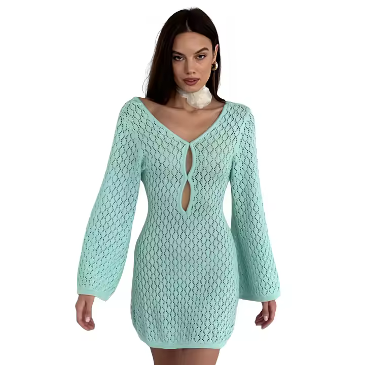 2025 nuevo vestido de ganchillo de traje de baño de manga larga de punto ahuecado informal para cubrir la piscina de la playa - 1