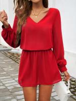 Minivestido informal de manga larga con cuello en V para mujer, color sólido, 2025 - details 16