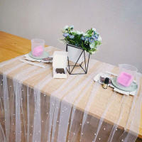 Mantel de cumpleaños y boda INS, tela de fondo Extra grande con perlas de tul para fiesta de graduación, decoración para mesa de comedor y banquete - details 2