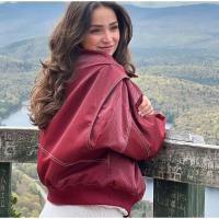 Chaqueta Bomber de Cuero para Mujer Arayas Casuales con Cremallera Chaquetas de Manga Larga Sueltas con Borla Moda 2024 - details 9