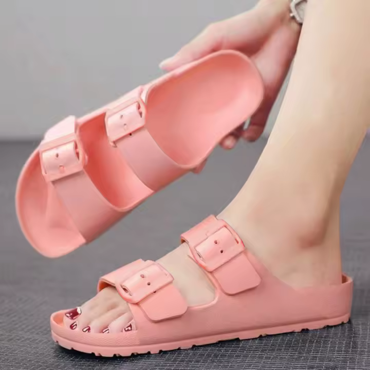 Sandalias cómodas con doble hebilla, Sandalias planas ajustables de EVA, antideslizantes e impermeables - 1