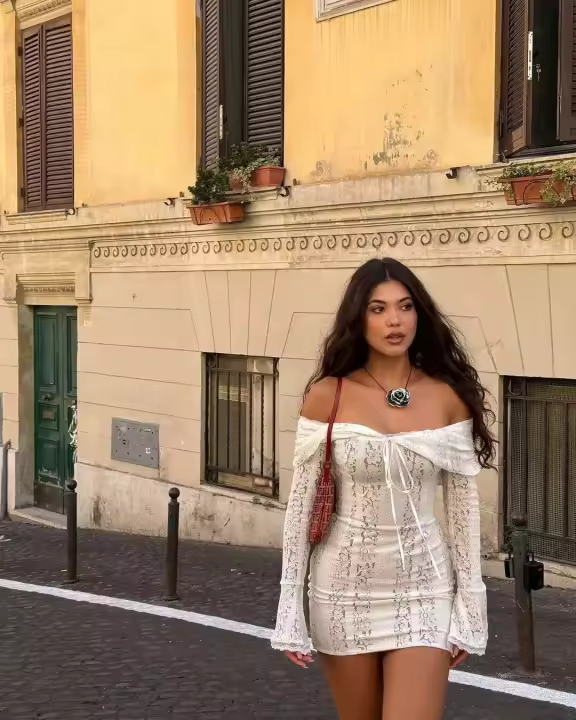 Vestido largo elegante con volantes y borde de encaje para mujer, vestido largo a la moda con cuello redondo y manga acampanada, vestidos largos ajustados para fiesta de verano 2025 - 1