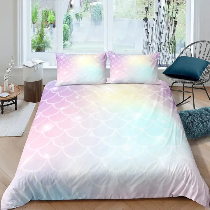 Juego de funda de edredón con escamas de pescado, juego de cama de 3 uds., funda de edredón con escamas de sirena colorida, funda de almohada tamaño Queen para niñas, funda de edredón de 2/3 Uds. - 1