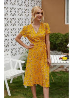 Summer floral print women boho short sleeve v neck split elegant a line party beach dress - details 34