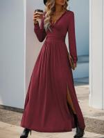 Elegante Vestido Largo de Encaje con Cuello en V Color Sólido para Mujeres - details 11