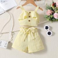 Verano nuevas niñas color sólido con tirantes plisados + conjunto de pantalones cortos con bolsa abierta - details 5