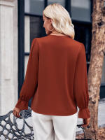 Blusa de retazos de encaje hueco para mujer, elegante camisa de manga larga para oficina, Tops elegantes sólidos sueltos, ropa de moda de otoño - details 15