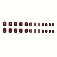 24pcs Uñas Postizas Redondas Cortas De Terciopelo Para Mujeres Y Niñas Para Uso Diario Y Fiestas Uñas Falsas Brillantes De Color Vino Sólido - details 3