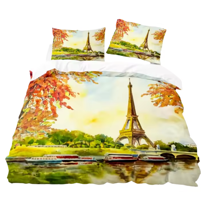 Conjunto de Funda de Edredón de Torre Eiffel Diseño de Paisaje de Nubes Coloridos de Lago - 1
