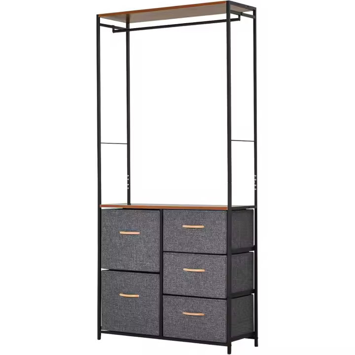 Cómoda con perchero, estructura de acero, 5 cajones, dormitorio, pasillo, muebles para el hogar, negro y marrón - 1