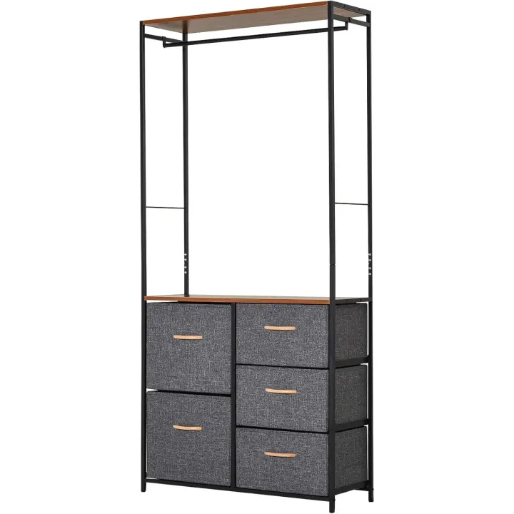 Cómoda con perchero, estructura de acero, 5 cajones, dormitorio, pasillo, muebles para el hogar, negro y marrón - 1