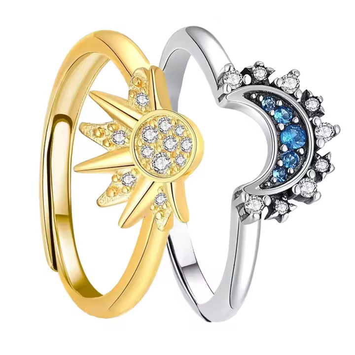 Juego de anillos apilables de sol y luna para mujer, joyería celestial ajustable, anillos a juego para mujer, anillos de amistad para mejores amigos, anillos apilables de Luna y sol para niñas adolescentes - 1