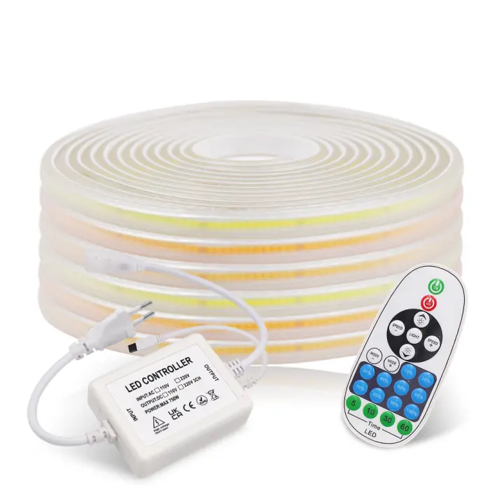 Tira LED COB regulable con controlador, cinta FOB de alto brillo para iluminación de dormitorio y cocina, 288LED/M, enchufe europeo, 220V CRI RA90 - 1