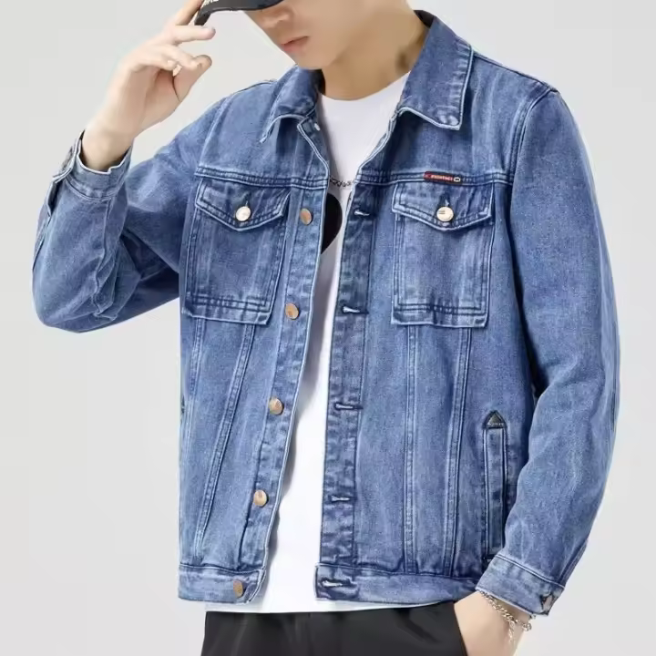 Chaqueta de Denim Casual para Hombres Ajuste Grande, Algodón, Negro y Azul, Abrigo Exterior de Moda - 1