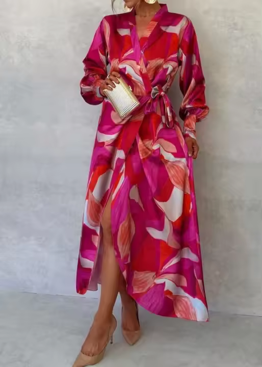 Vestidos estampados de Color para mujer primavera otoño nuevo cuello en V manga larga volantes vestido con abertura moda señora Vestidos de viaje - 1