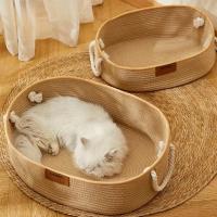 Cama de ratán tejida a mano con forma ovalada para mascotas, cesta de algodón con cuerda para rascar, estilo japonés, ideal para el verano - details 4