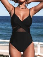 Traje de baño de una pieza con cuello en V para mujer, con control del vientre de malla envuelta y tirantes finos estables - details 0