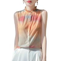 Camiseta sin mangas con cuello con volantes y estampado de tela de punto para mujer, camiseta sin mangas estilo camisa, camisetas finas y frescas suaves para verano, camisola sin mangas - details 0