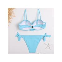 Bañador de banda con volantes negros para mujer, traje de baño femenino de realce, conjunto de Bikini con sujetador y Copa, traje de baño de corte alto azul de Color sólido 2023 - details 6