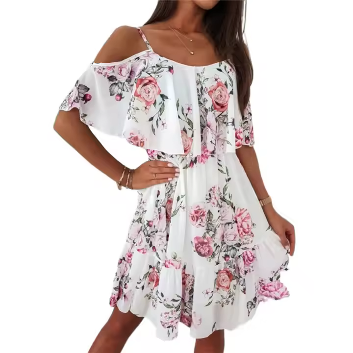 Vestido de gasa con volantes para mujer, sexy, sin mangas, estampado, fuera del hombro - 1