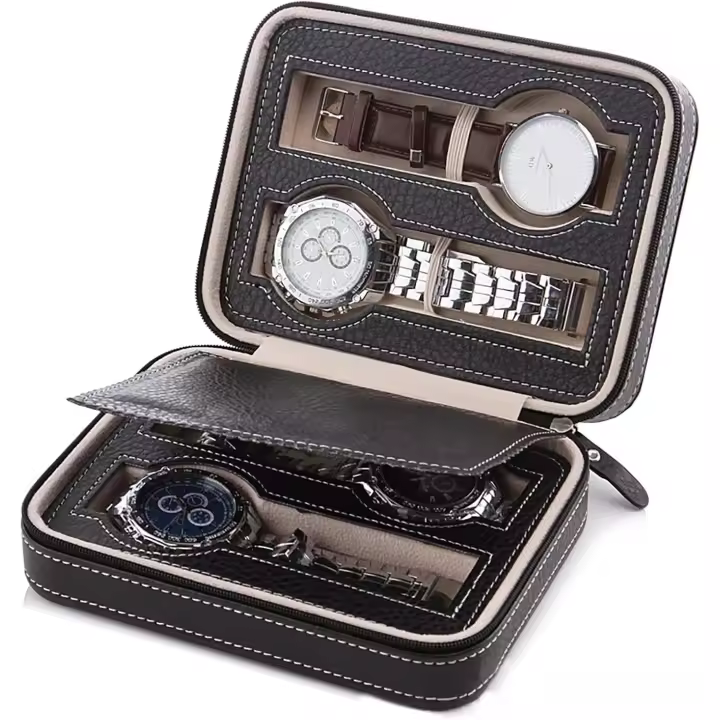 Caja de reloj de cuero PU para hombre y mujer, vitrina de reloj de 4 rejillas para viajes, protección resistente, almacenamiento de colección de joyas - 1
