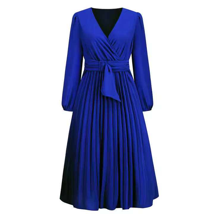 Vestidos largos informales para mujer, cuello en V, manga larga, cintura alta, Maxi, diario, Azul S - 1