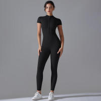 Body de yoga para mujer, ropa moldeadora deportiva de manga corta, traje de gimnasio de una pieza, nailon de color sólido - details 11
