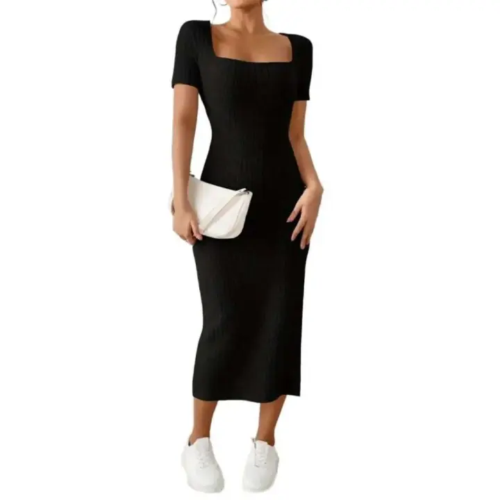 Necke Vestido midi de punto con cuello cuadrado elegante para mujer, vestido de fiesta de color sólido con pantalón corto - 1