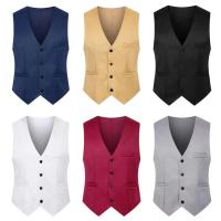 Chaleco Formal sin mangas con bolsillos, traje masculino de un solo pecho, chaleco informal para fiesta, Bar, vestido de banquete, chaleco de traje de Color sólido - details 19