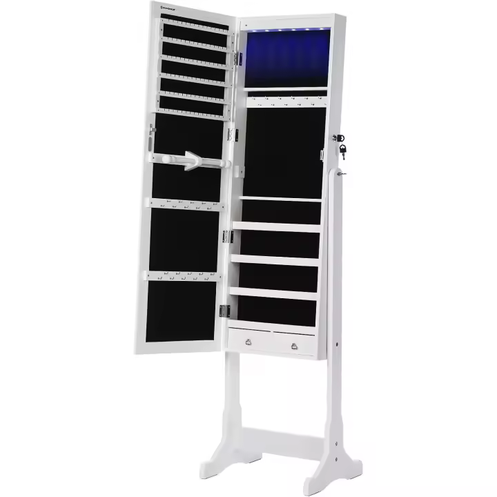 Espejo Joyero, Armario Joyero, con LED, Armario de Pie con Espejo para Joyas, de Madera, Cerradura, Iluminación JBC94W - 1