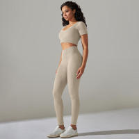 Conjunto de Yoga sin Costuras Leggings de Cintura Alta Top de Manga Corta Top Corto - details 4