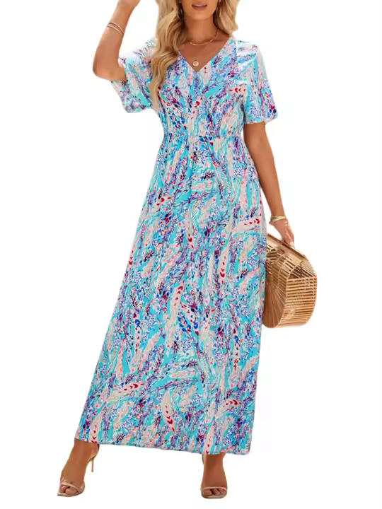 Elrachen Vestido largo con cuello en V y estampado floral para mujer, verde, tallas S-XL - 1