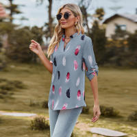 Camisa con estampado de plumas de tres cuartos y manga e para mujer, cuello en V, otoño, nueva - details 13