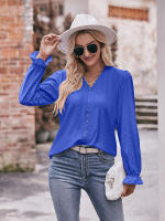 Blusa de gasa de retazos de encaje para mujer, camisa elegante informal de manga larga con cuello en V, trabajo de oficina, moda - details 16