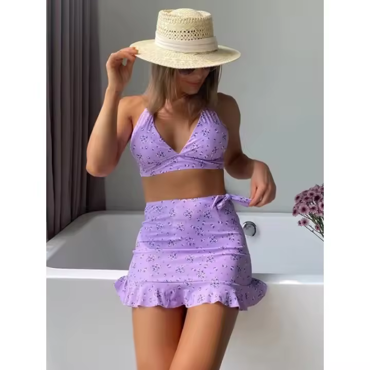 Conjunto estampado de 3 piezas para mujer Baño de cintura alta Tre con cordones - 1