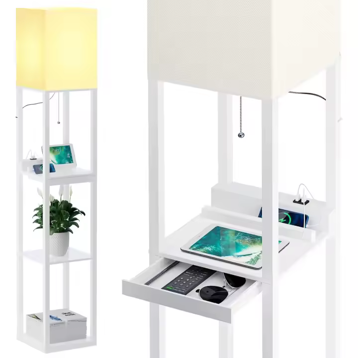 Lámpara de pie de madera con 3 temperaturas de color, 2 puertos de carga USB y 1 cajón, lámpara de pie de estar, dormitorio, oficina, decoración de salón, lámparas de pie blanco (bombilla incluida) - 1