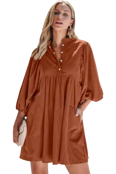 Elrachen Vestido de manga pulsera con botones a presión y cintura imperio de pana para mujer, llama dorada, tallas S-XL - 1