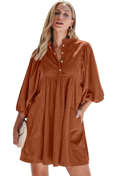 Elrachen Vestido de manga pulsera con botones a presión y cintura imperio de pana para mujer, llama dorada, tallas S-XL - 1